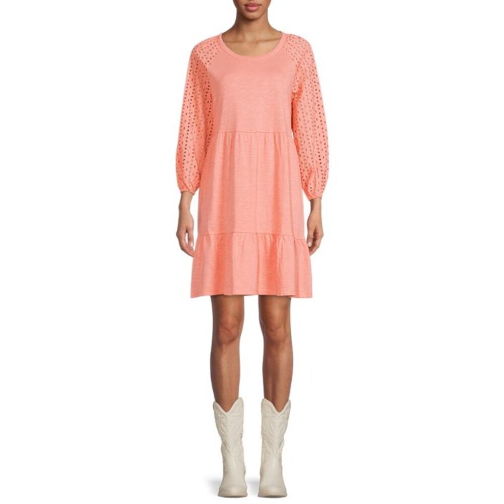 Time and True Coral Orange Eyelet Long Sleeve Tiered Mini Dress Women's Size XL